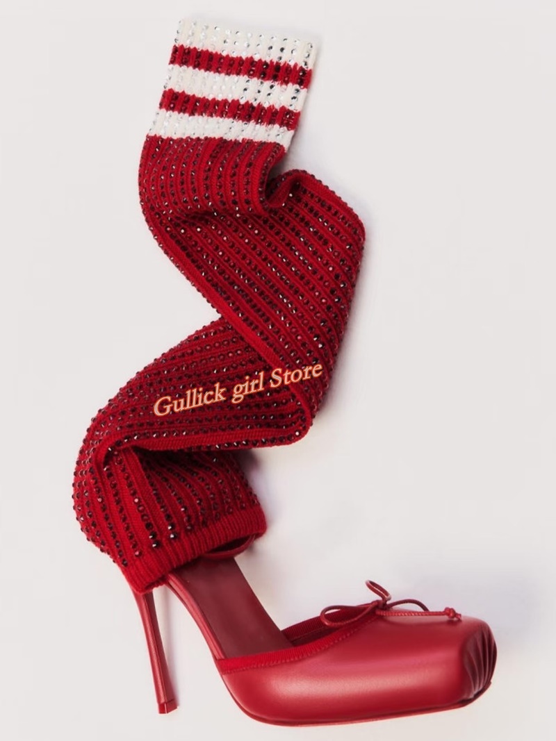 Red Knit Square Toe Boots Cut  - Knee High Sock Women recensie en prijs