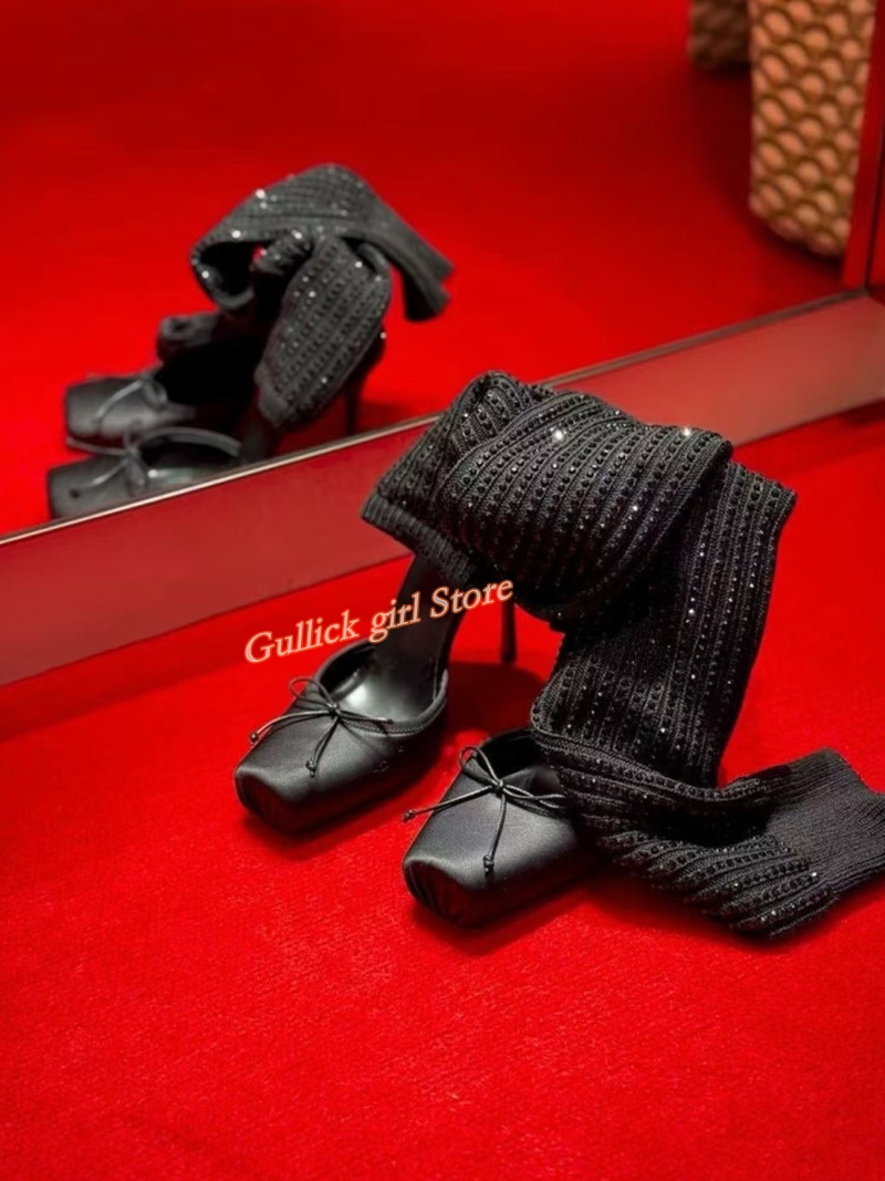 Red Knit Square Toe Boots Cut  - Knee High Sock Women recensie en prijs